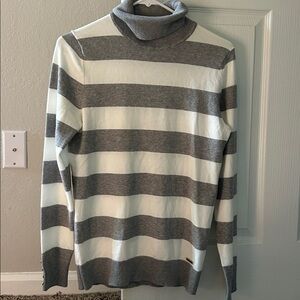 Tommy Hilfiger Gray and White Striped Turtleneck Sweater